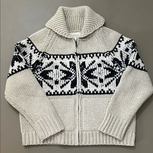 THE GREAT. Woodshed Cardigan Sweater Lambswool 2 M oatmeal black cream zip front